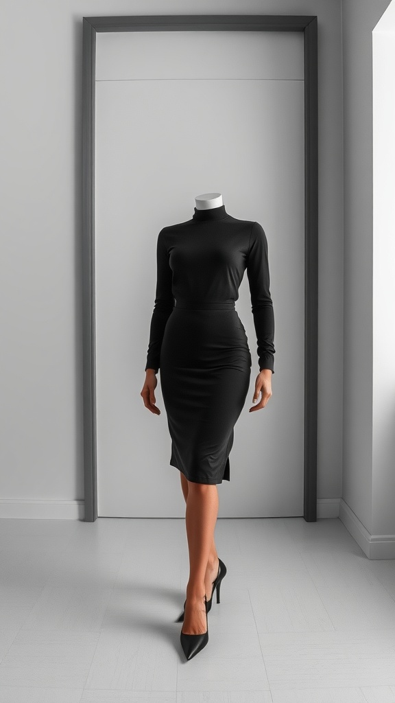 A stylish black pencil skirt outfit featuring a long-sleeve top and pointed-toe heels.