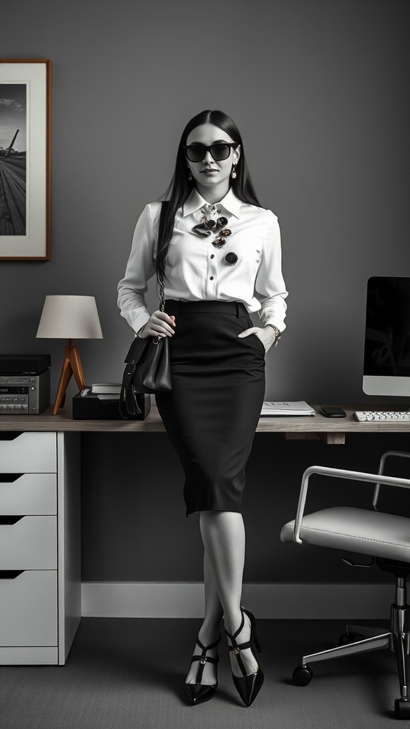 A woman standing confidently in a monochrome outfit, featuring a black pencil skirt, white blouse, and statement accessories, in an office setting.