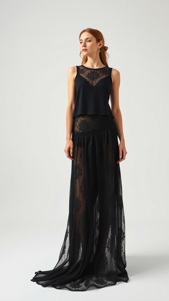 A model wearing a black lace maxi skirt and a black top, showcasing a chic monochrome look.