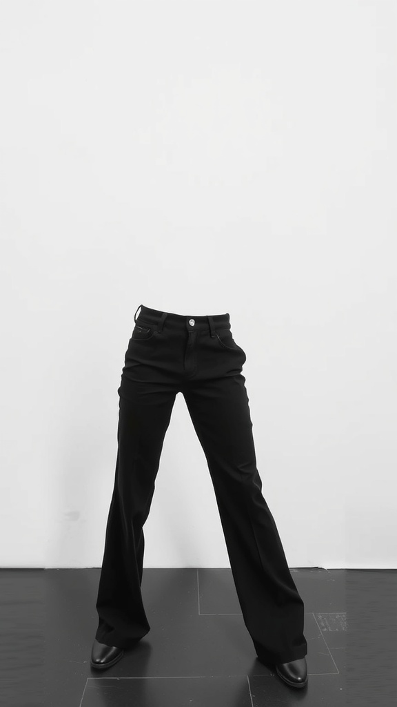 A pair of black flared pants and black boots on a white background.