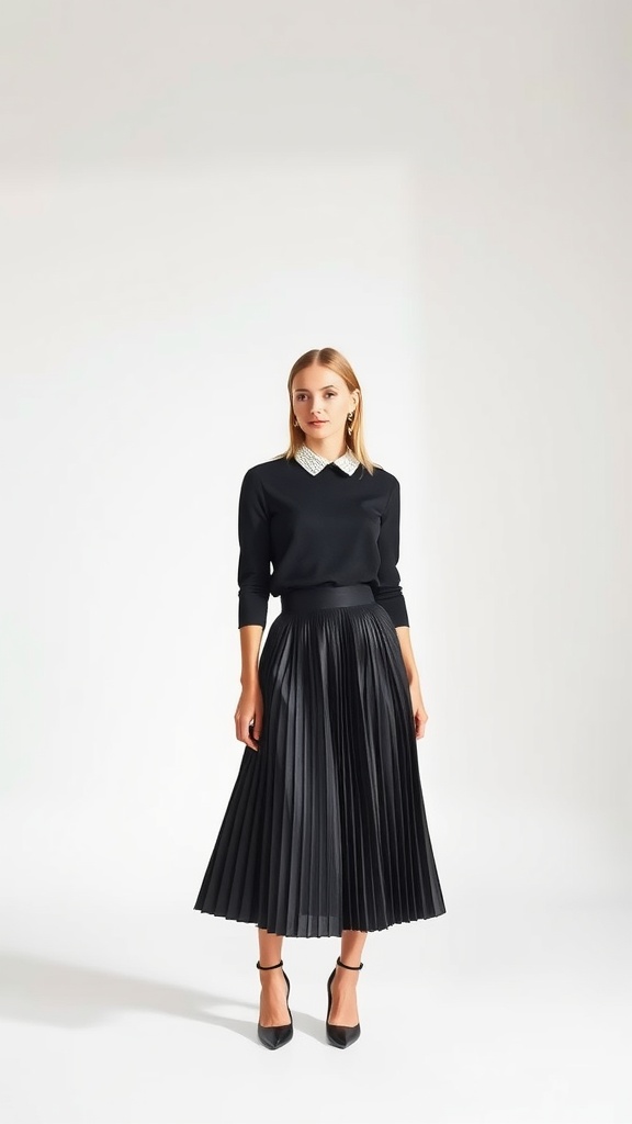 A model wearing an all-black pleated midi skirt and fitted top with a collar, styled elegantly.