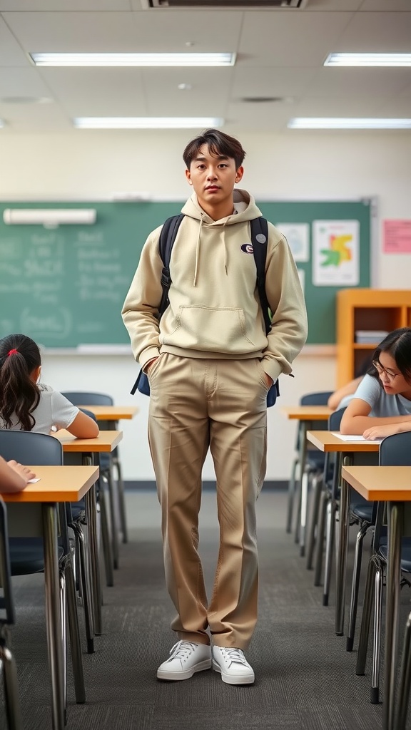 A student in a beige hoodie and pants standing confidently in a classroom.