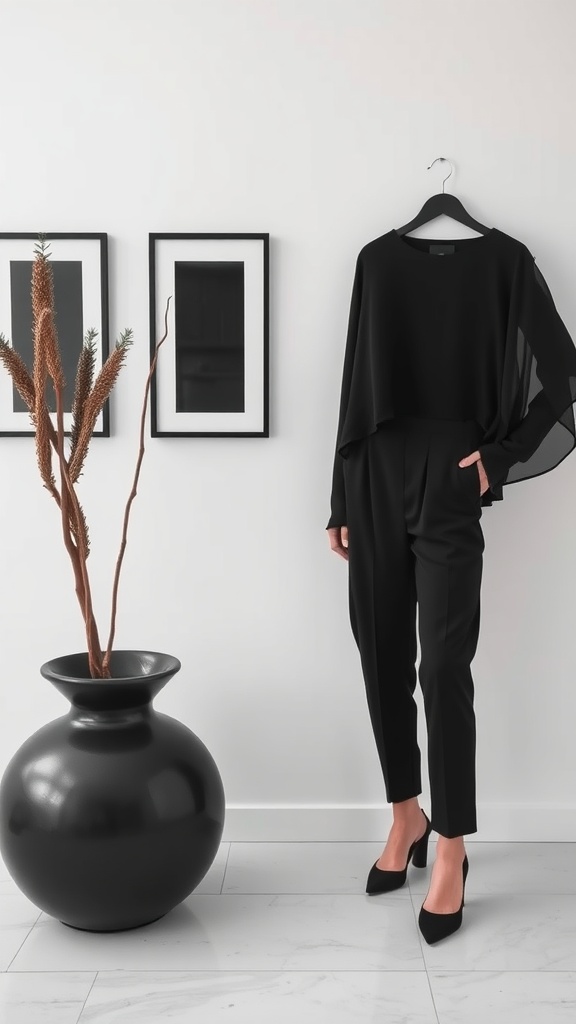 A stylish monochrome black outfit displayed with minimalist decor.