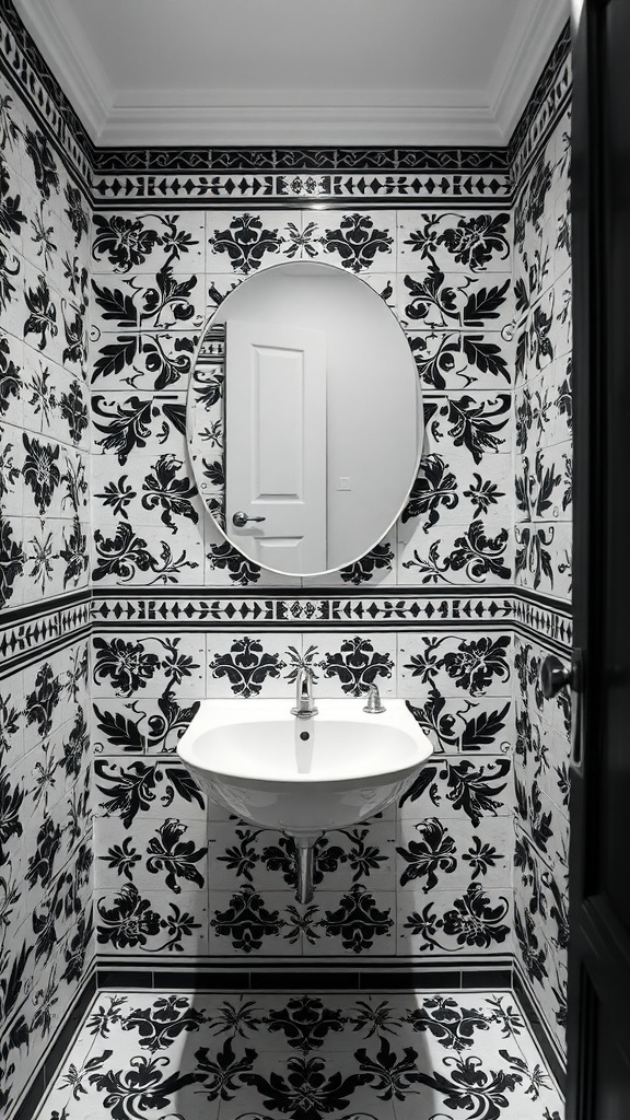 Stylish black and white tiled bathroom featuring floral patterns and a sleek mirror.