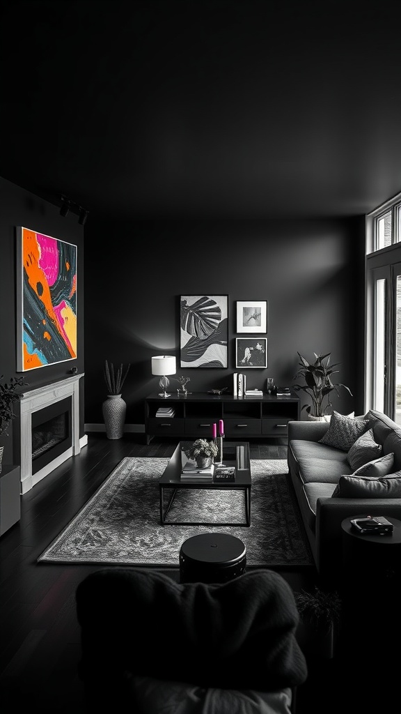 A modern black living room with colorful artwork, grey couch, and stylish decor