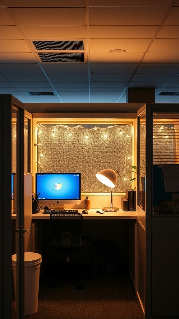 Cozy cubicle with warm fairy lights and a sleek desk setup.
