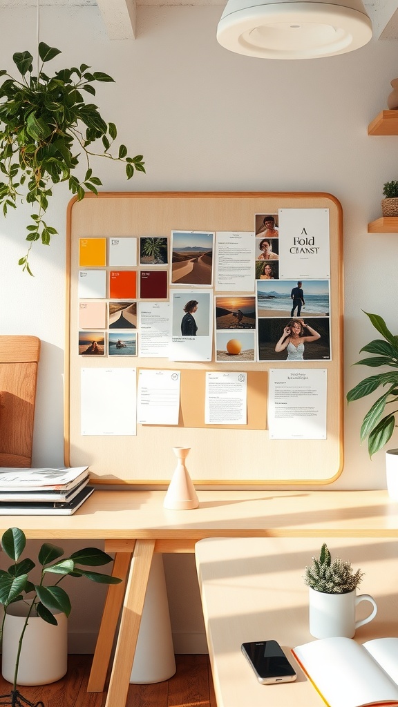 A mood board with color swatches and photographs pinned to a wooden board in a bright office space.