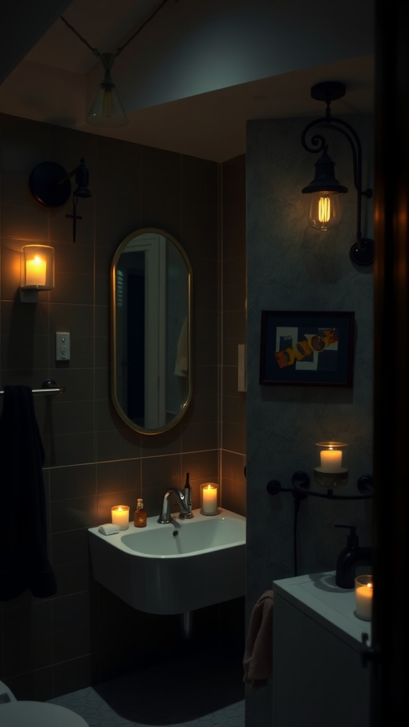 A cozy, dimly lit bathroom with candles and warm light fixtures.
