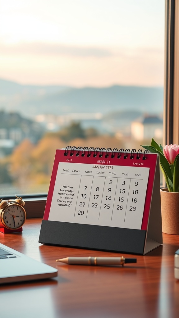 A motivational desk calendar displayed on a wooden desk with a clock and laptop, overlooking a view outside the window.