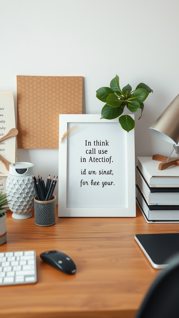 A clean office desk with a motivational quote in a frame, a small plant, and organized stationery.