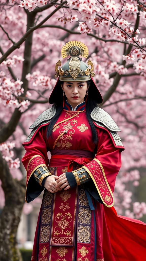 A woman dressed in Mulan's warrior outfit, standing amidst cherry blossoms.