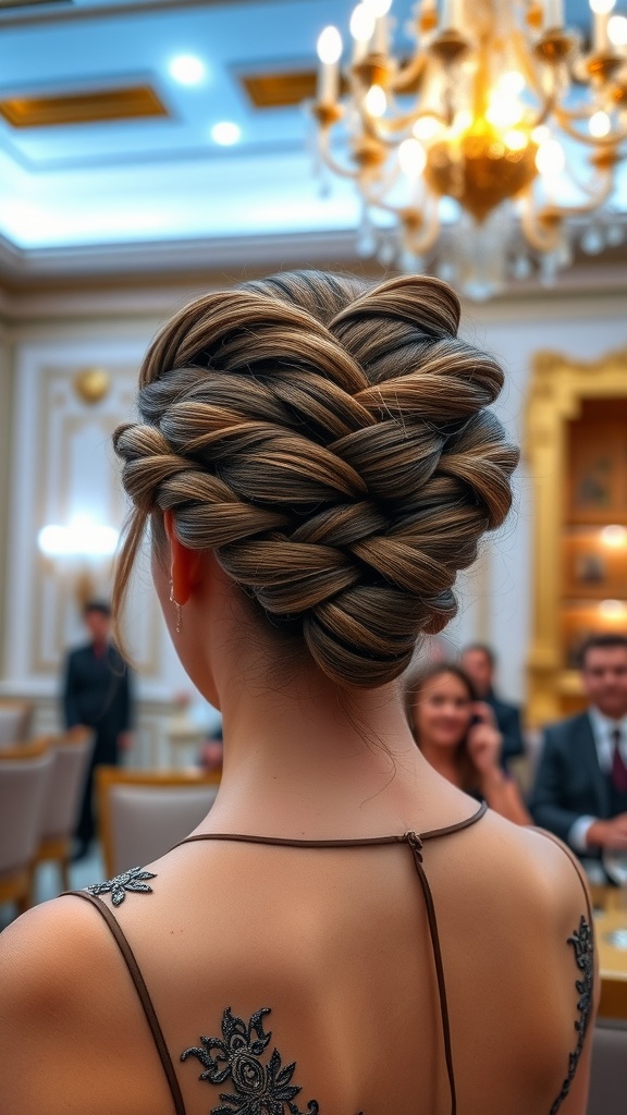 A woman showing off a multi-braid updo hairstyle in an elegant setting, sitting at a table with guests.