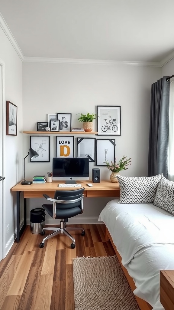 A modern minimalist home office with a desk, computer, and cozy bed