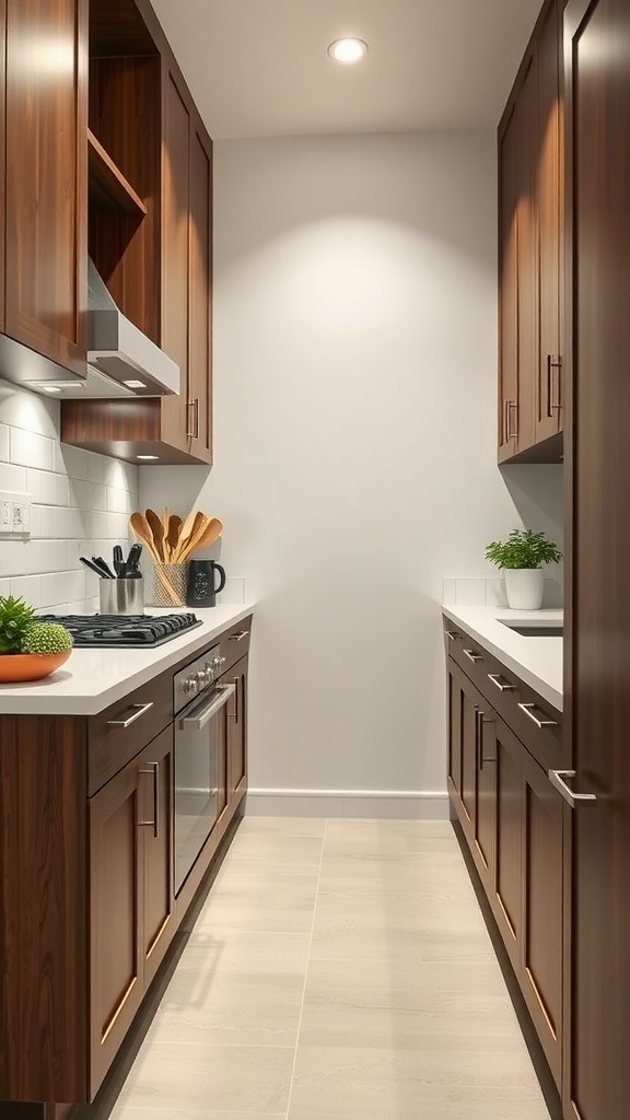 A small kitchen with multi-functional cabinetry featuring wooden cabinets and white countertops.