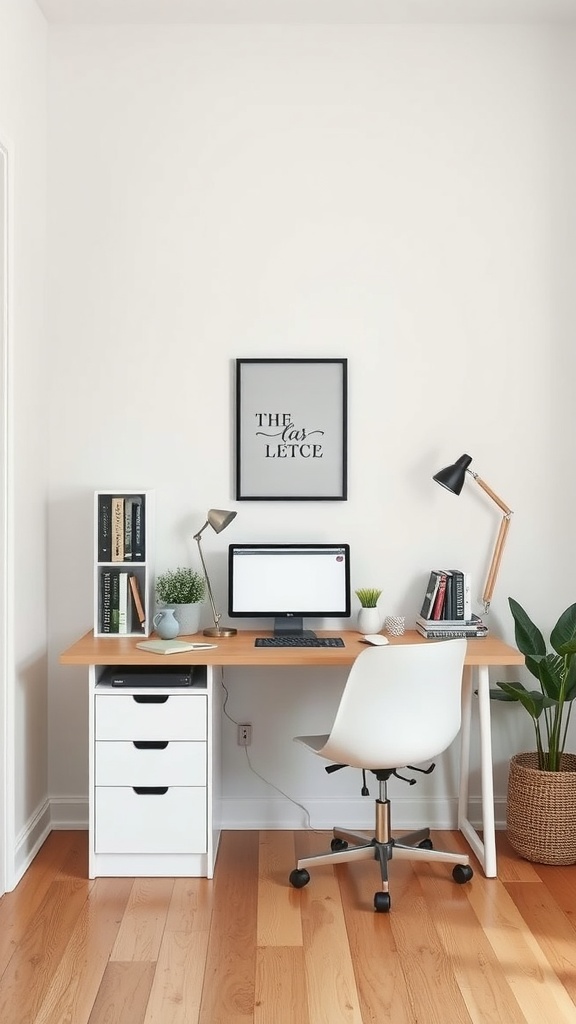 A small home office setup featuring a wooden desk, white chair, and storage drawers, adorned with plants and books.