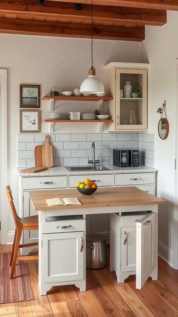 A small kitchen featuring multi-functional furniture with a table that has storage cabinets underneath, open shelves, and a cozy atmosphere.