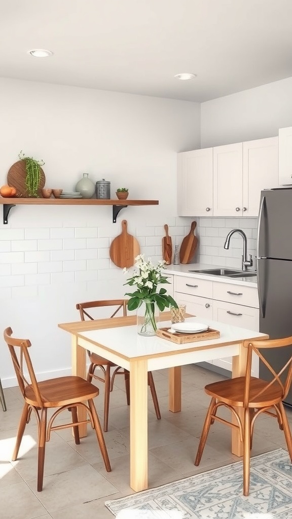 A small kitchen with a wooden table, chairs, and decorative shelf.