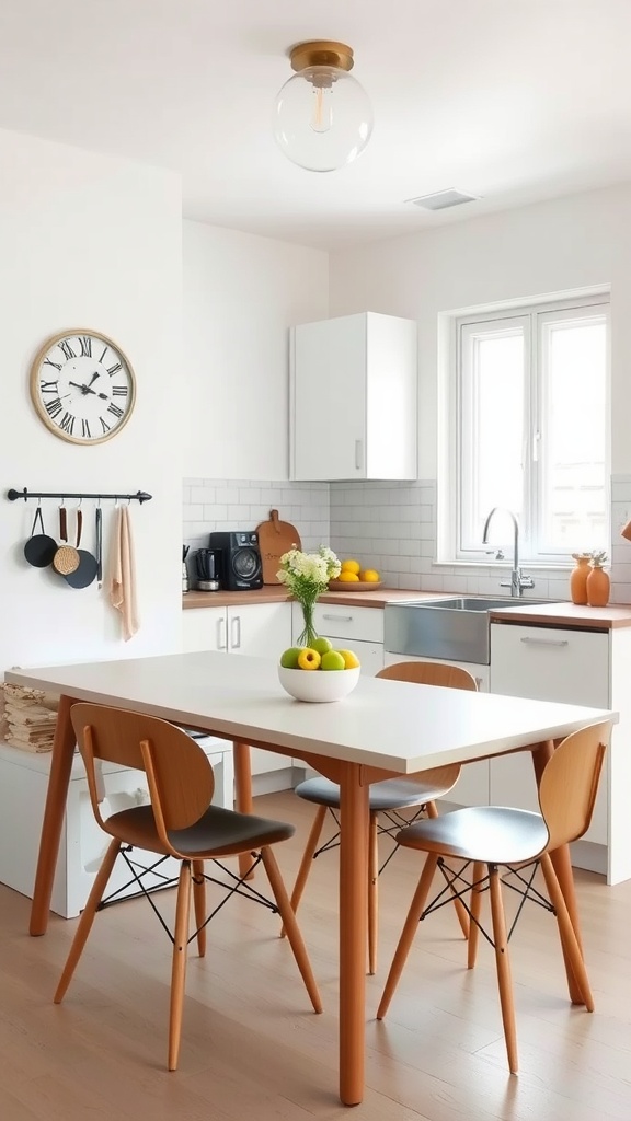 A modern kitchen with a multi-functional table and stylish chairs, emphasizing space efficiency.