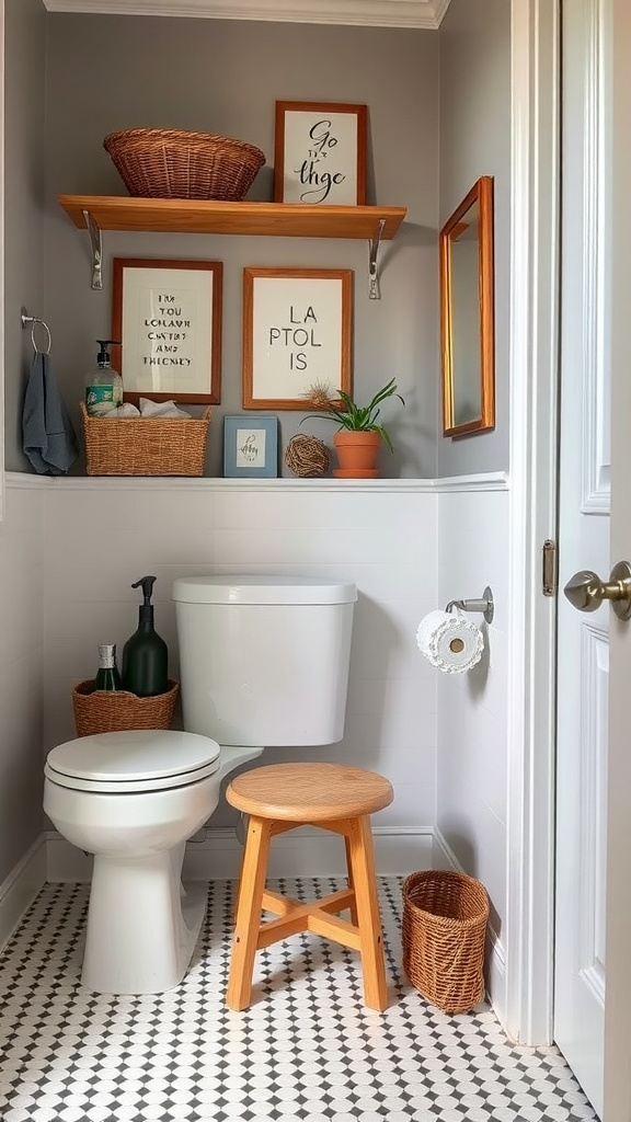 A small bathroom featuring a wooden stool, open shelving with decorative baskets, and framed art.