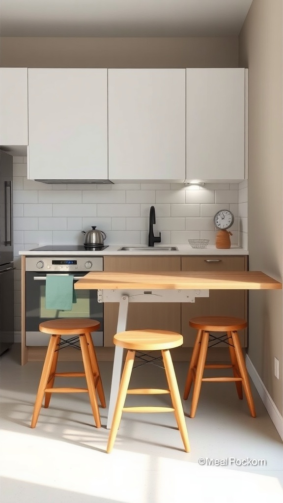 A small kitchen with a drop-leaf table and stools, showcasing multi-functional furniture for compact spaces.