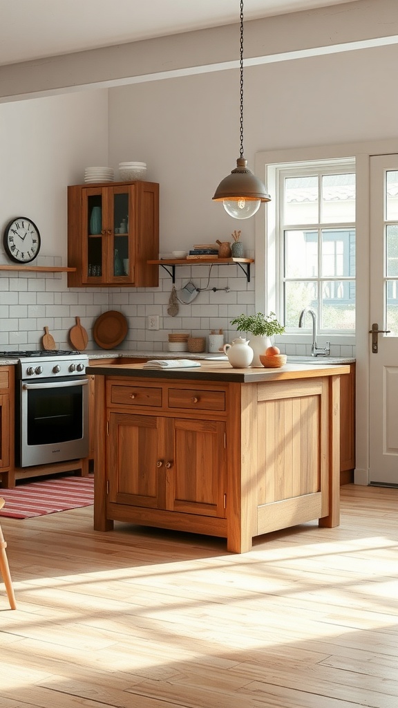 A cozy kitchen with a wooden island, open shelving, and modern appliances