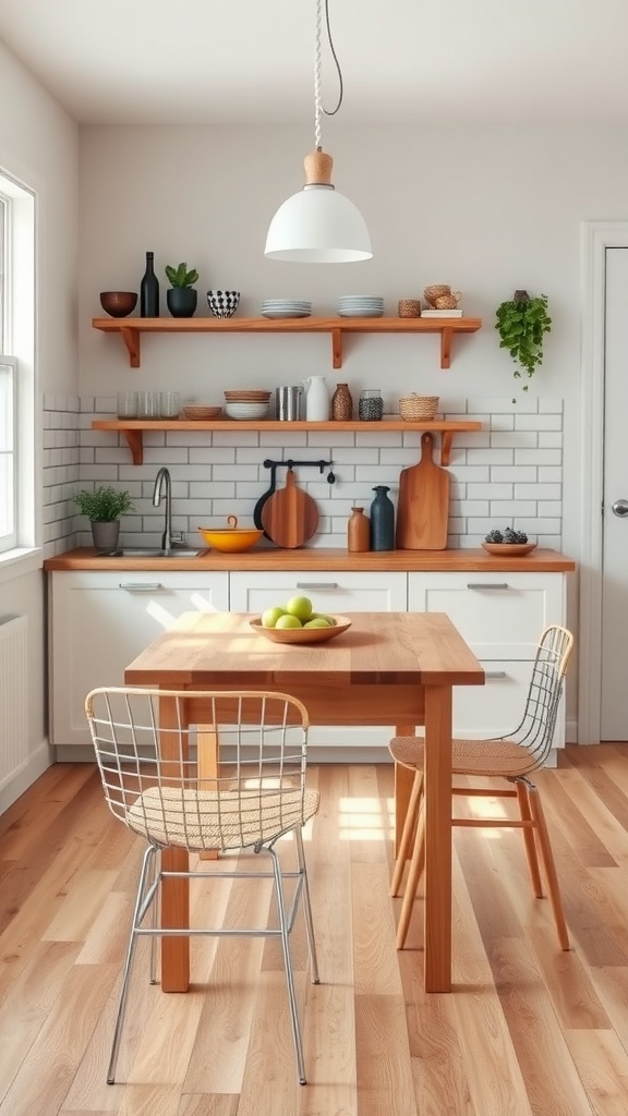 A small kitchen featuring a wooden table, wire chairs, and open shelving with decorative items.