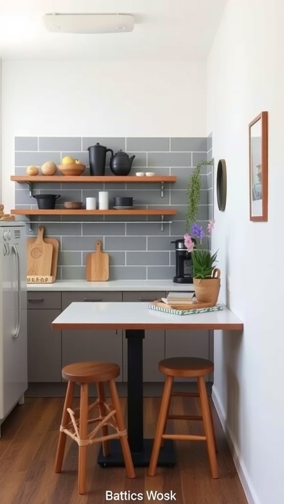 A small kitchen featuring a modern table, stools, open shelves, and decorative items.