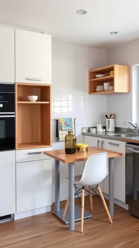 A small kitchen featuring a compact table and chair, with open shelves and cabinets for storage.