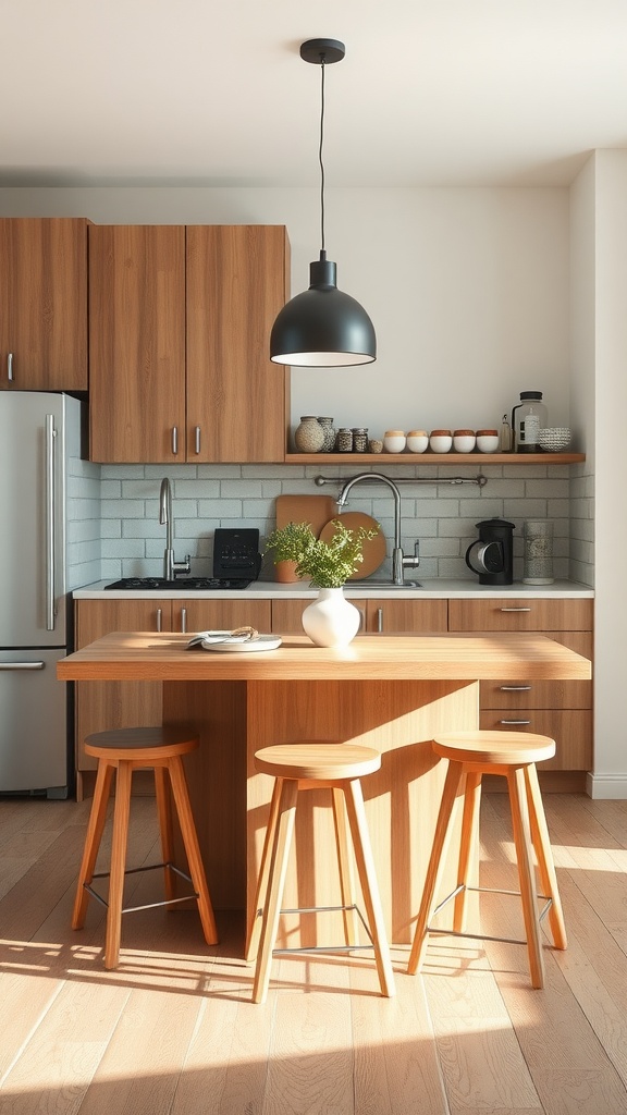 A small kitchen featuring a wooden island with stools, providing a multi-functional space.