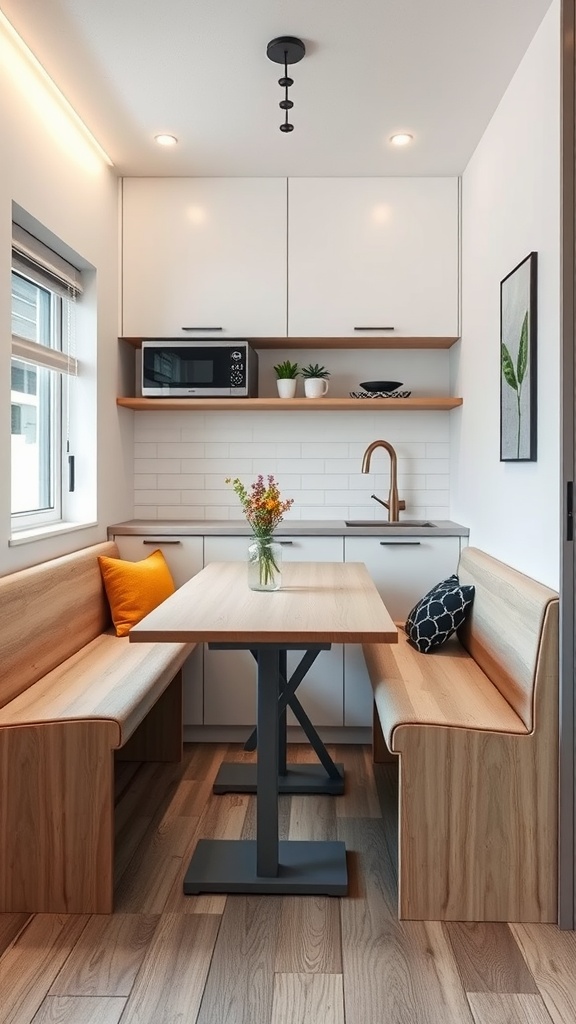 Modern small kitchen with a built-in bench and table, designed for multi-functional use.