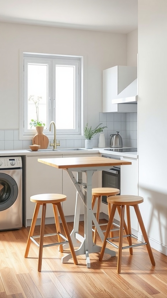 A small apartment kitchen with a compact table and stools, designed for multi-functional use.