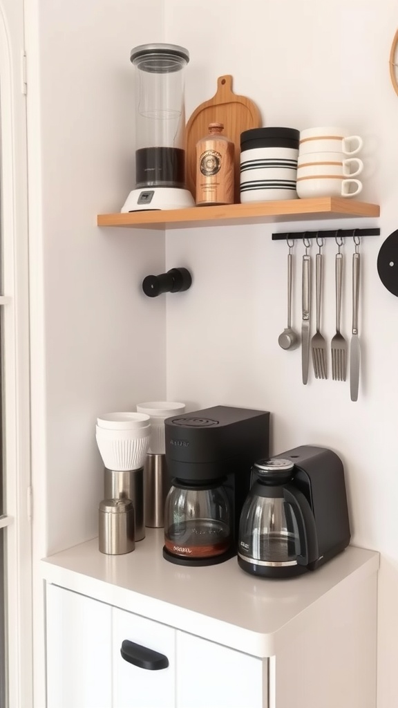 A compact coffee station with a coffee maker, kettle, cups, and utensils arranged neatly.