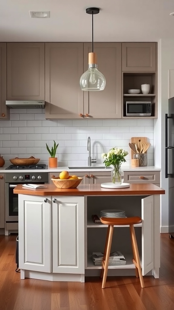 A modern kitchen featuring a multi-functional island with a wooden top and open shelves.