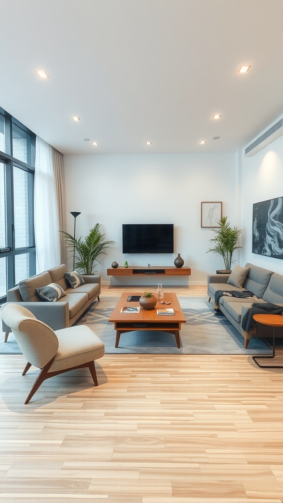 A modern living room featuring sleek furniture, a cozy atmosphere, and plants for a fresh look.