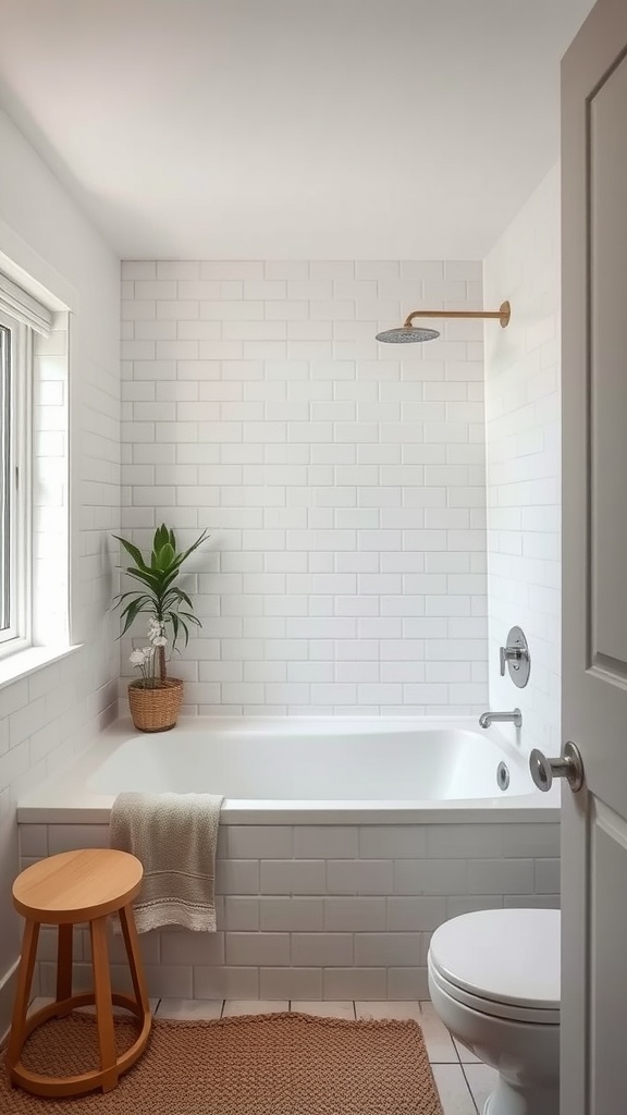 A small bathroom featuring a sleek tub, shower fixture, potted plant, wooden stool, and white tiled walls.
