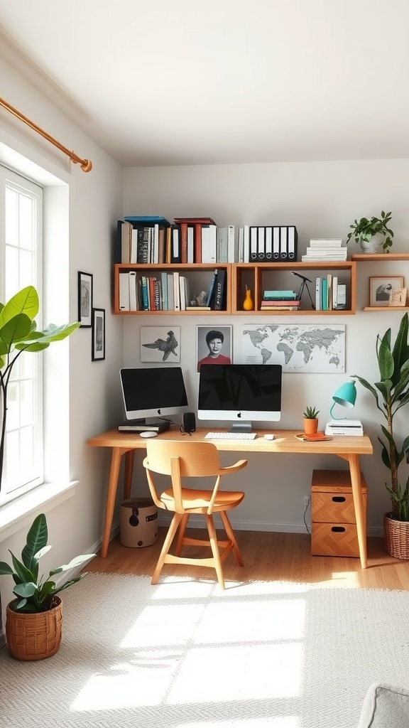 Modern home office with dual computer setup, wooden desk, bookshelves, and plants
