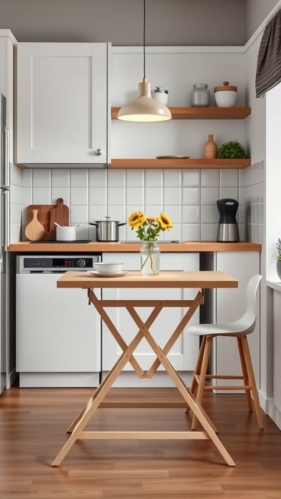 A small kitchen featuring a multifunctional folding table with sunflowers on it.