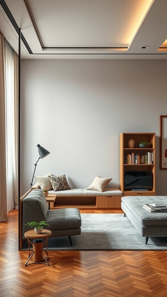 Stylish living room with multifunctional furniture divider, featuring a low bench, a sofa, and a standing lamp.