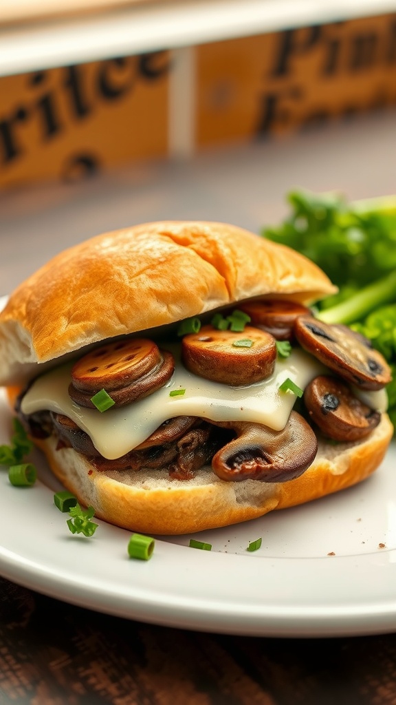 A delicious Mushroom and Swiss Steak Sandwich served on a plate.