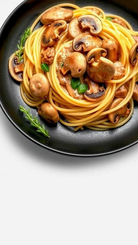 A plate of creamy mushroom stroganoff spaghetti topped with fresh herbs.