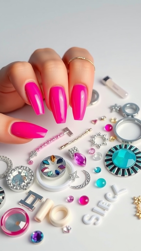 A hand with hot pink chrome nails surrounded by various colorful nail accessories.