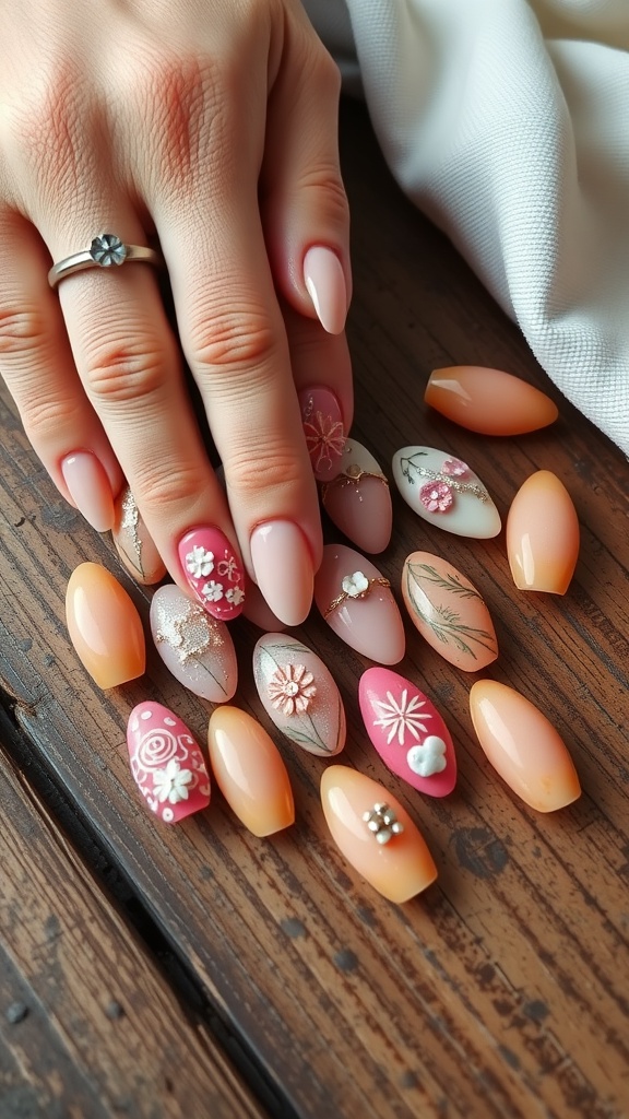 A selection of almond-shaped press-on nails in various colors and designs, displayed on a wooden surface.