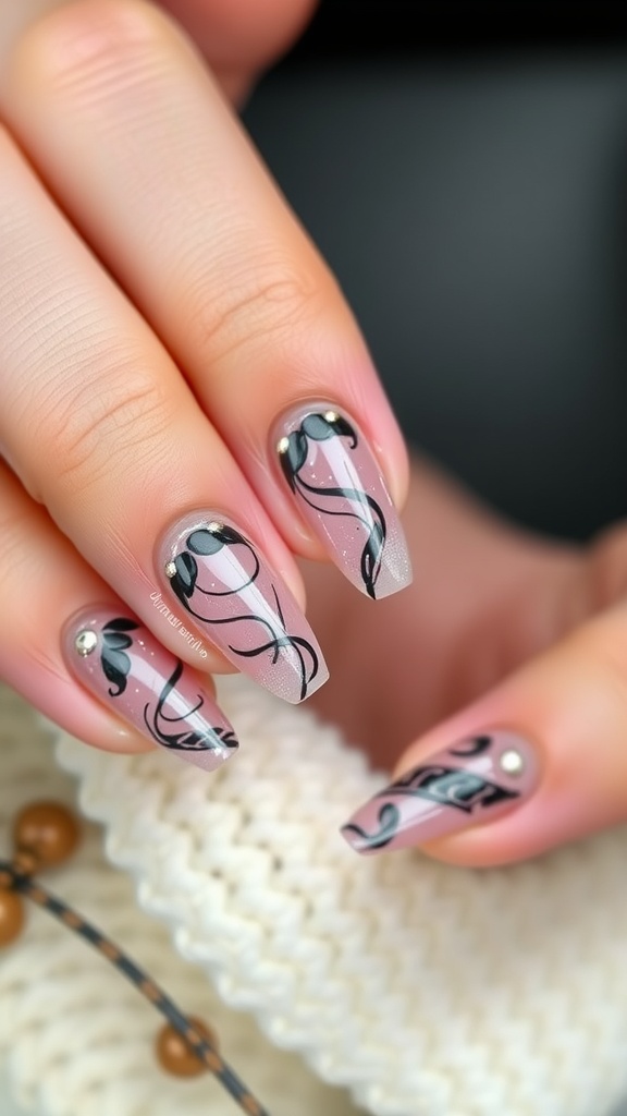 Nail art on short almond nails featuring a light pink base with black swirls and small gems.