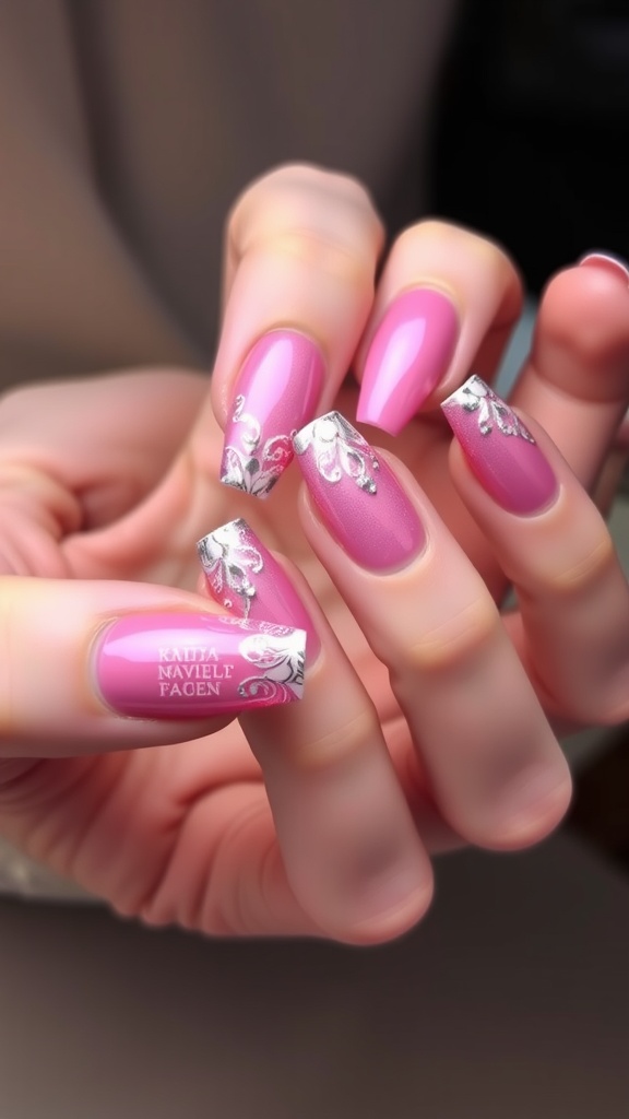 A close-up of manicured nails featuring pink chrome polish with silver accents and intricate designs.