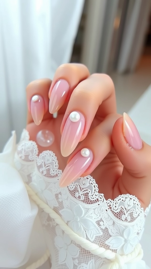 Light pink chrome nails with pearl embellishments on a lace background