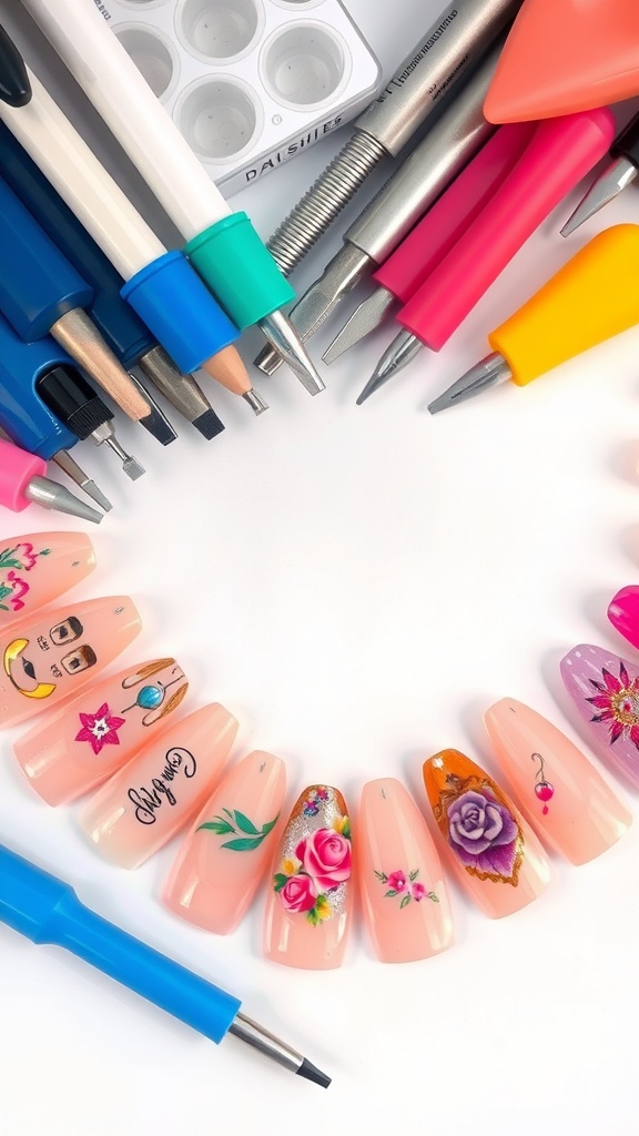 A variety of clear acrylic nails with colorful designs and nail art tools.