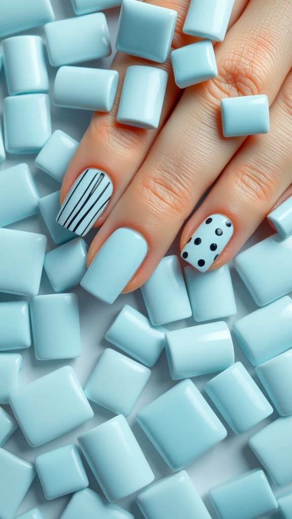 A hand with light blue square nails, showcasing designs including black stripes and polka dots, set among light blue nail shapes.