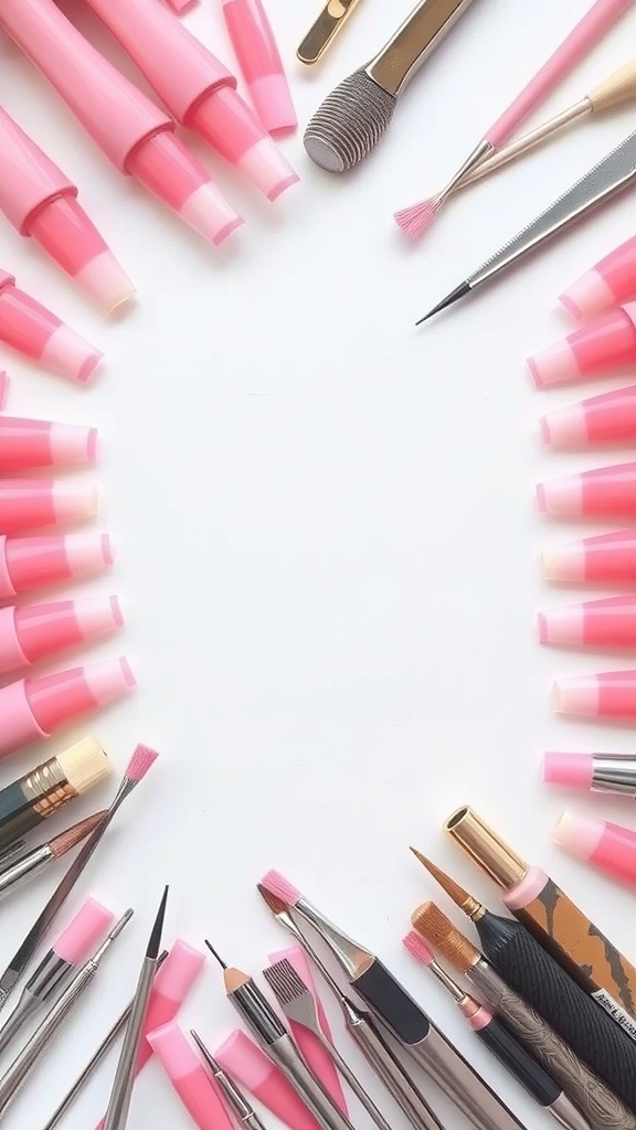 An array of pink nail art tools and brushes arranged on a white background