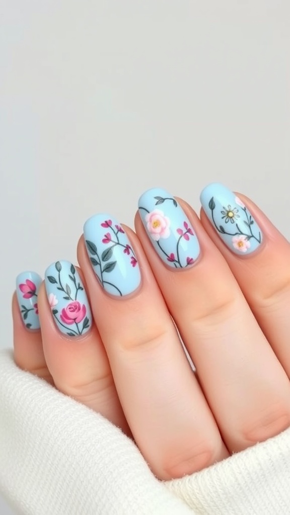 Nails painted light blue with floral designs in pink and green.