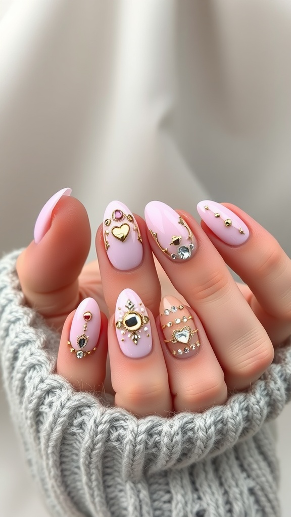 A set of light pink chrome almond nails decorated with gold and gem embellishments.